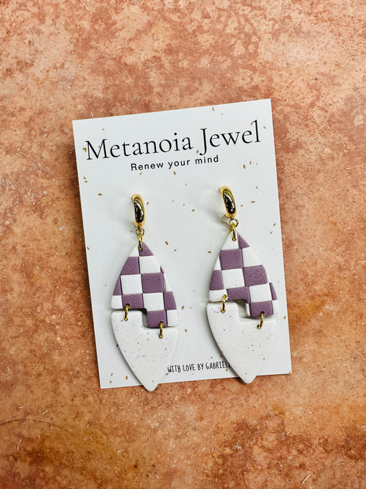 Purple Checkered Geometric Earrings